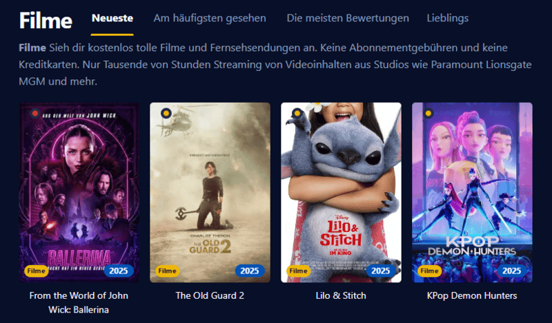 Bildschirmfoto der Einschalten Oberfläche einer modernen Streaming Plattform mit Filmen und Serien